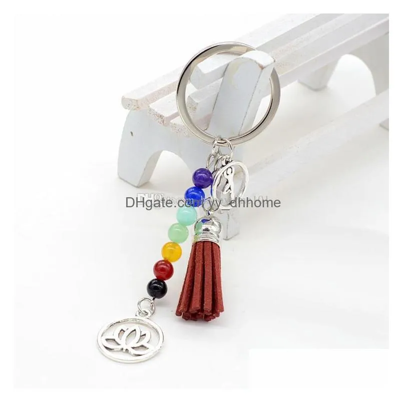 natural stone 7 chakra energy yoga fitness key chain keyring lotus tassel keychain key rings for women men