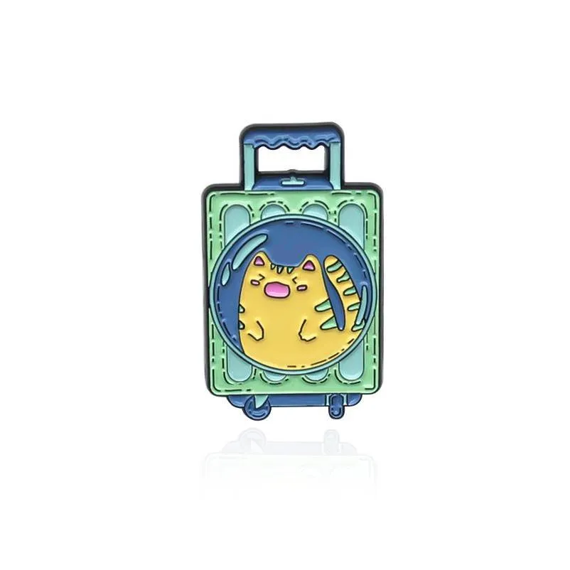 cartoon cat pattern suitcase alloy brooch for girls fashion creative animal trolley box shape badge jewelry denim shirt collar pin