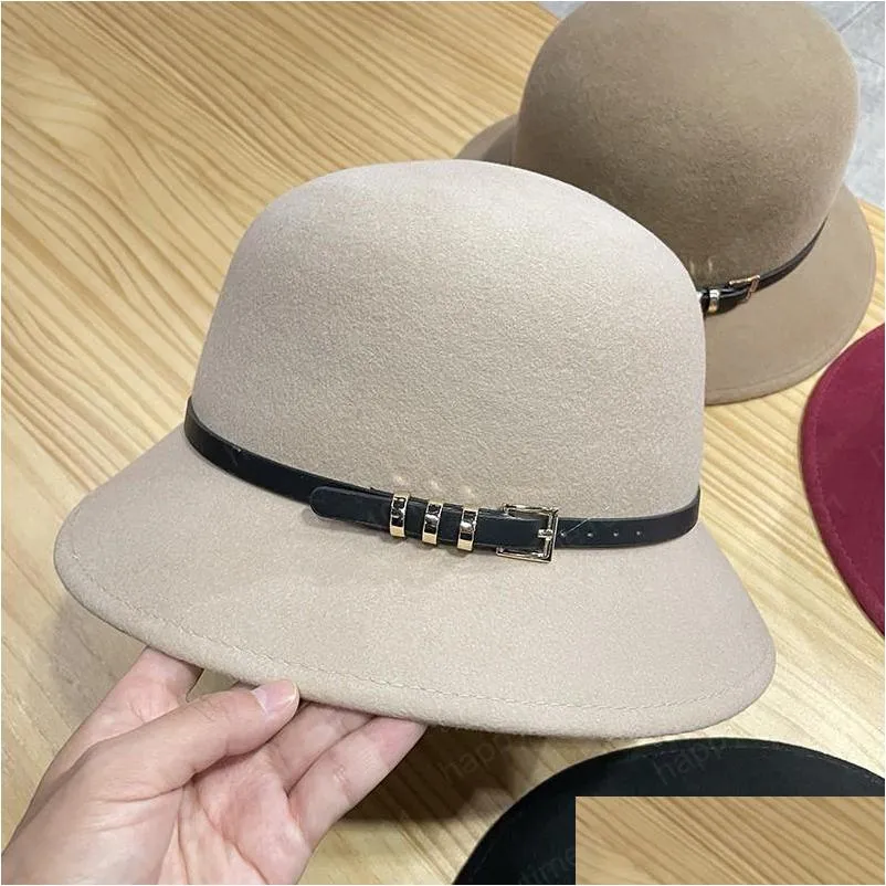 autumn winter women wool caps fashion solid color bucket cap with leather belt woman casual fisherman hat