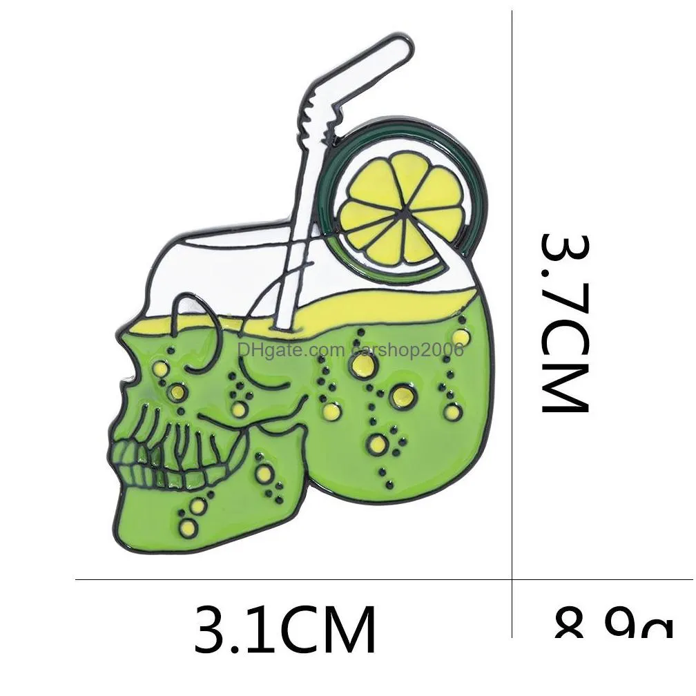 punk teapot lemon juice skull alloy badge fashion enamel brooch green metal paint lapel pins brooches for women funny denim shirt jewelry gift clothes