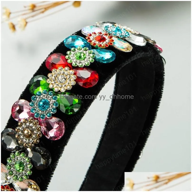 colorful crystal flower headband vintage shiny rhinestone padded black velvet hairband female party headpieces