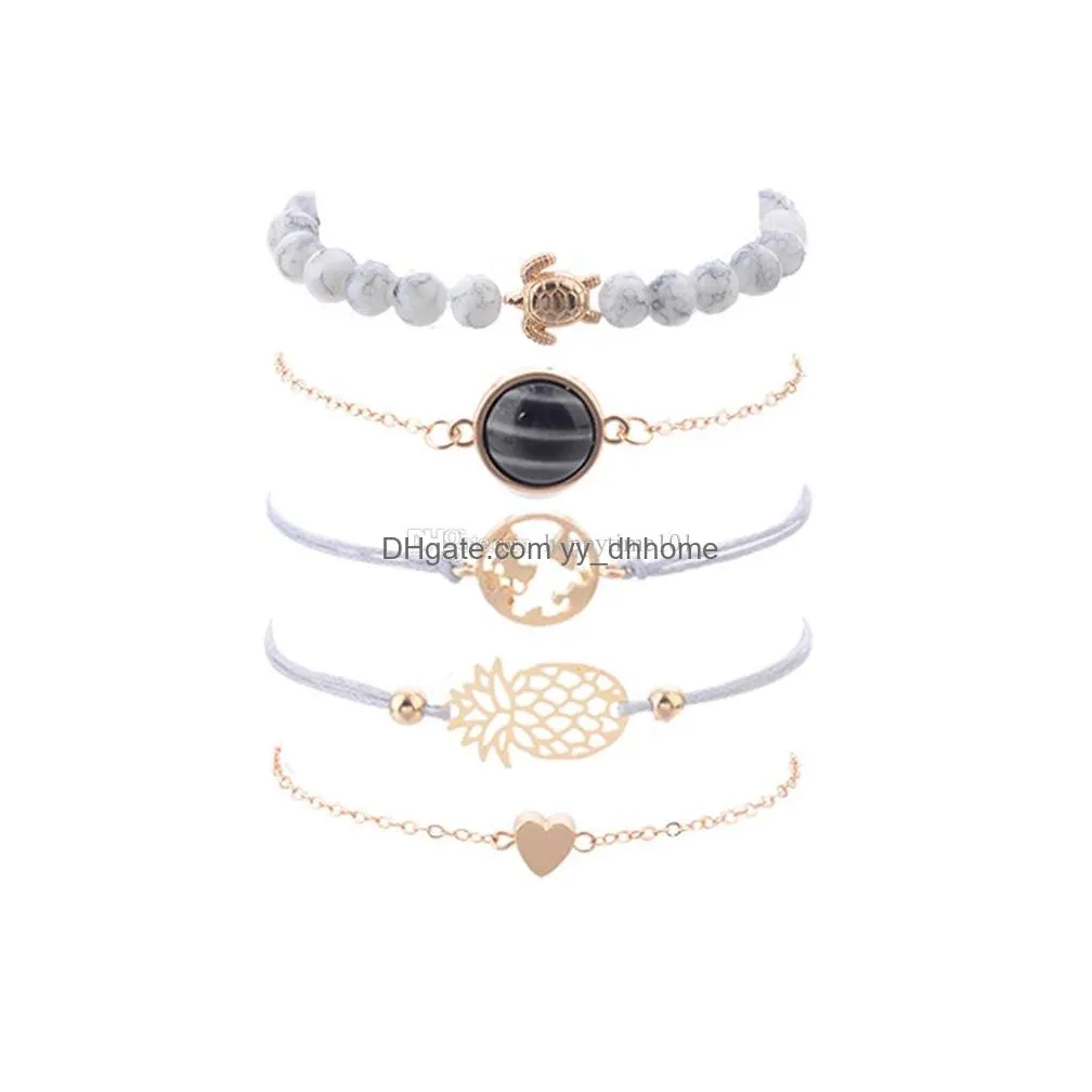 5 pieces / set of simple pineapple love black pearl map turtle blue beaded woven bracelet ladies fashion