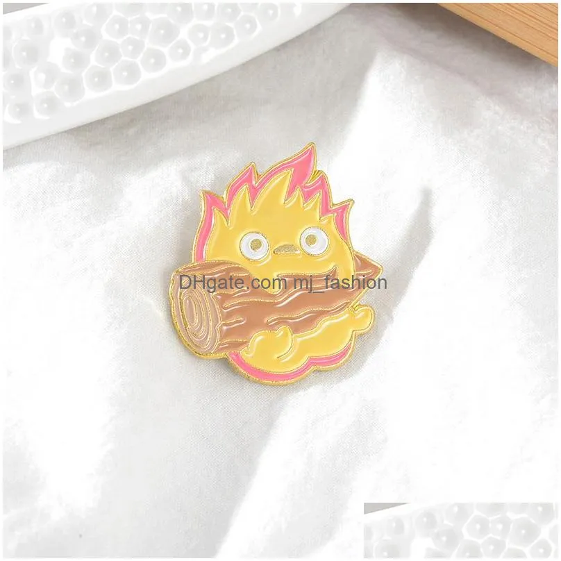 small flame hugs wood enamel brooches cartoon creative custom japanese anime pin fire elf badge personality bag lapel pins buckle jewelry gift for