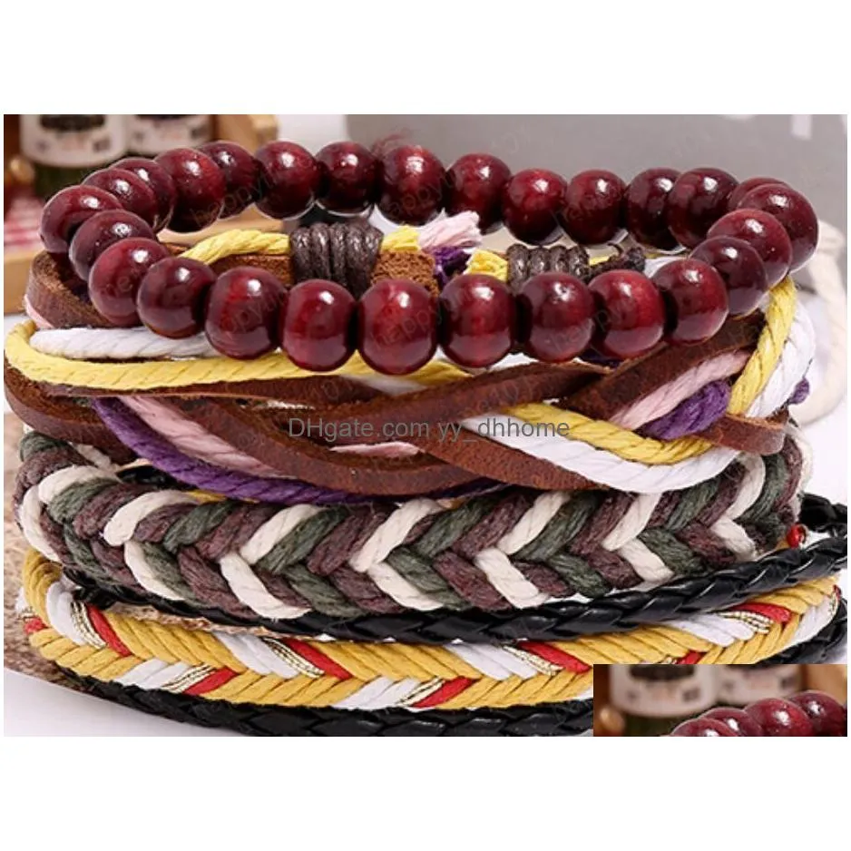 mans cowhide leather bracelet diy hand woven beading multilayer braid wax rope combination suit bracelet size can be adjusted