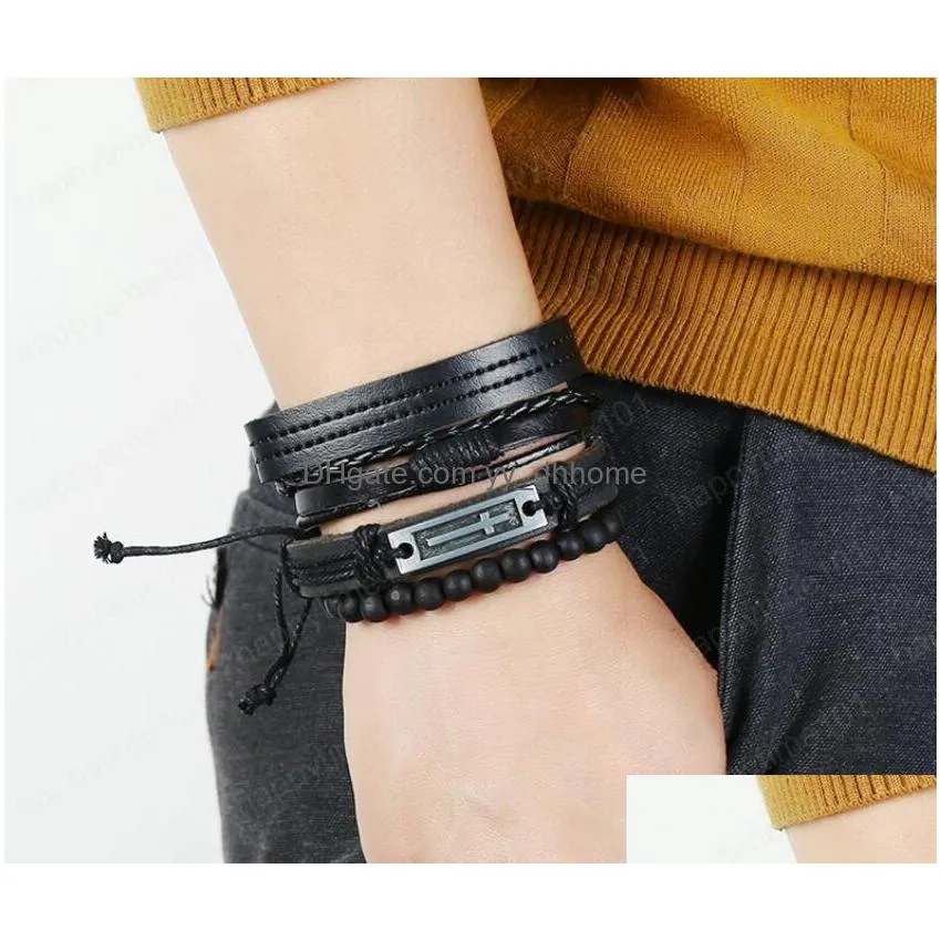 mens bracelet 100 genuine leather bracelet cross beading hemp rope simple and easy adjustable bracelet 4 styles 1 set