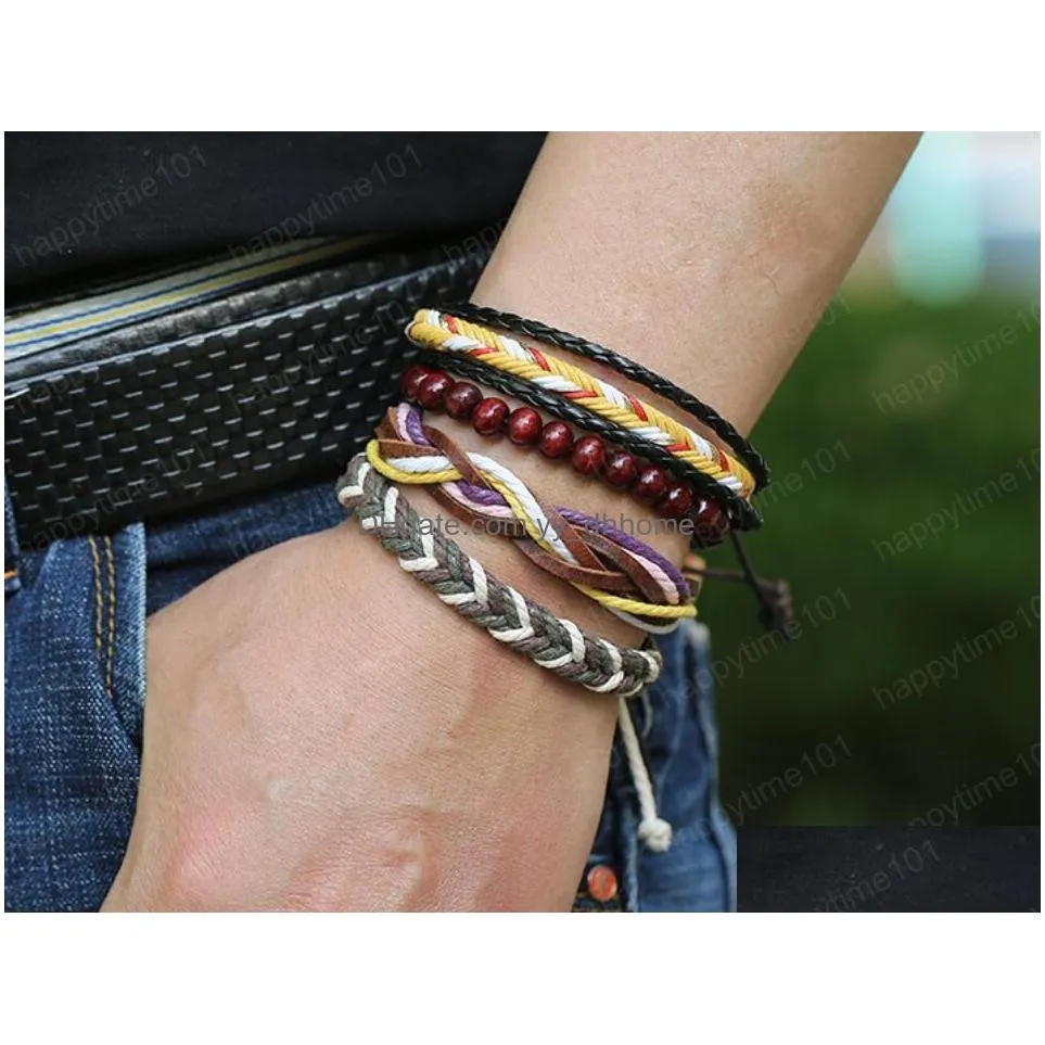 mans cowhide leather bracelet diy hand woven beading multilayer braid wax rope combination suit bracelet size can be adjusted