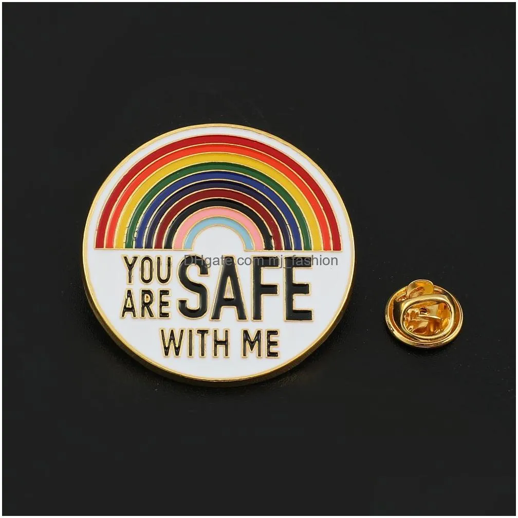 gold plated round rainbow brooches for girls fashion letter enamel pins creative personality alloy badge gift bag accessories