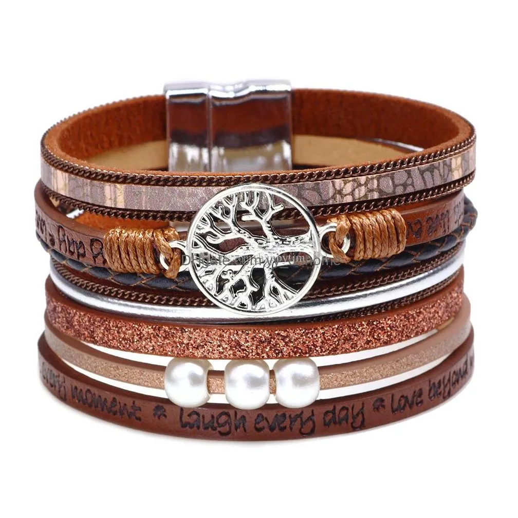 2019 tree of life multilayer leather wrap bracelet boho pearl gorgeous cuff bracelet with magnetic buckle casual bangle for women girl