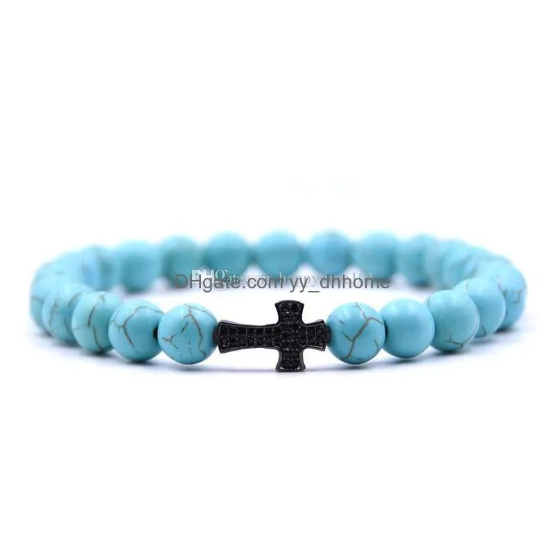  8mm lava stone turquoise bracelet bangles cross natural stone energy yoga beaded bracelet 