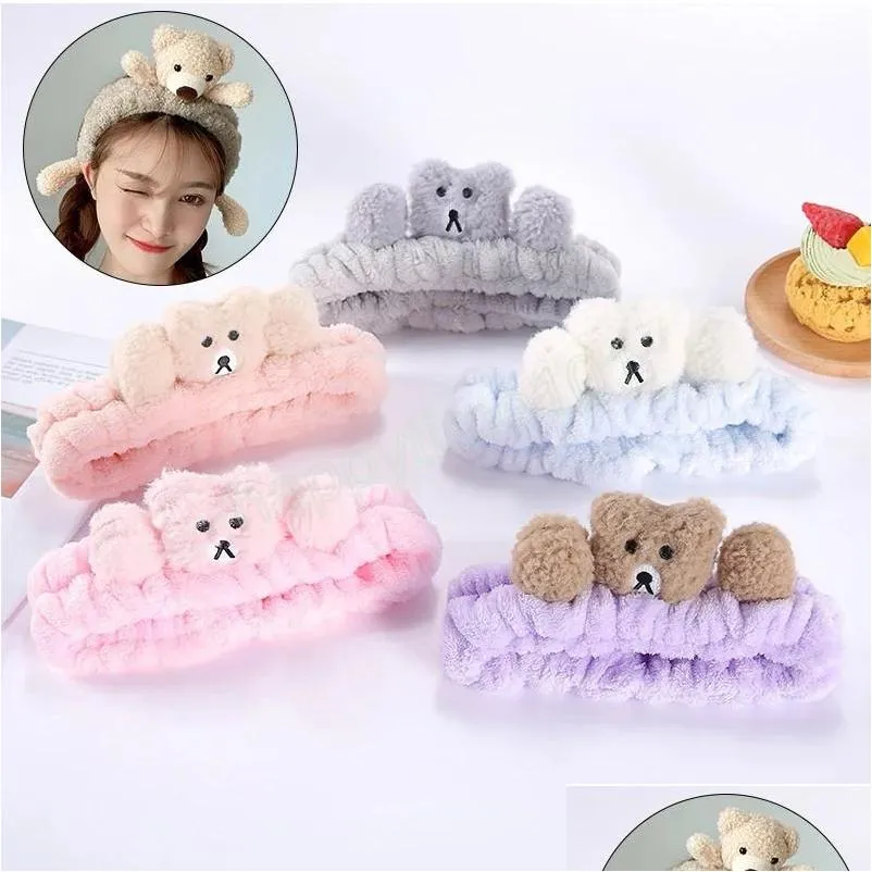 3d cartoon bear headband girls coral fleece elastic hair band soft wash face hairbands turban headwrap fashion hair accessories