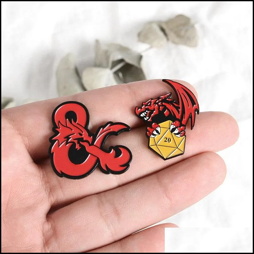 cartoon 20 sided dice dragons enamel pins game brooches bag clothes button badge jewelry gift for friends 1439 d3