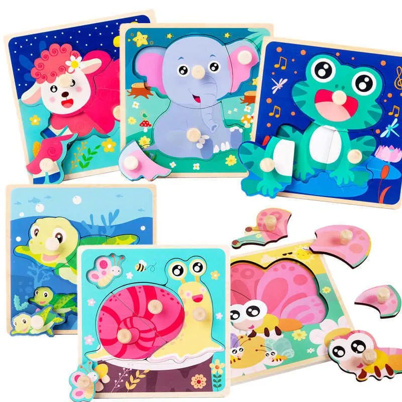 3D Wooden Puzzles Educational Cartoon Animals Early Learning Cognition Jigsaw Game For Children Toys