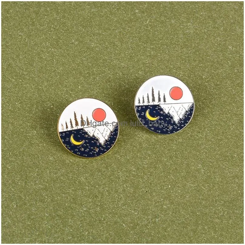 cartoon round gold silver plated brooches for women paint lapel pins funny mountain peak moon sun day and night badges denim shirt gift bag accessories collar