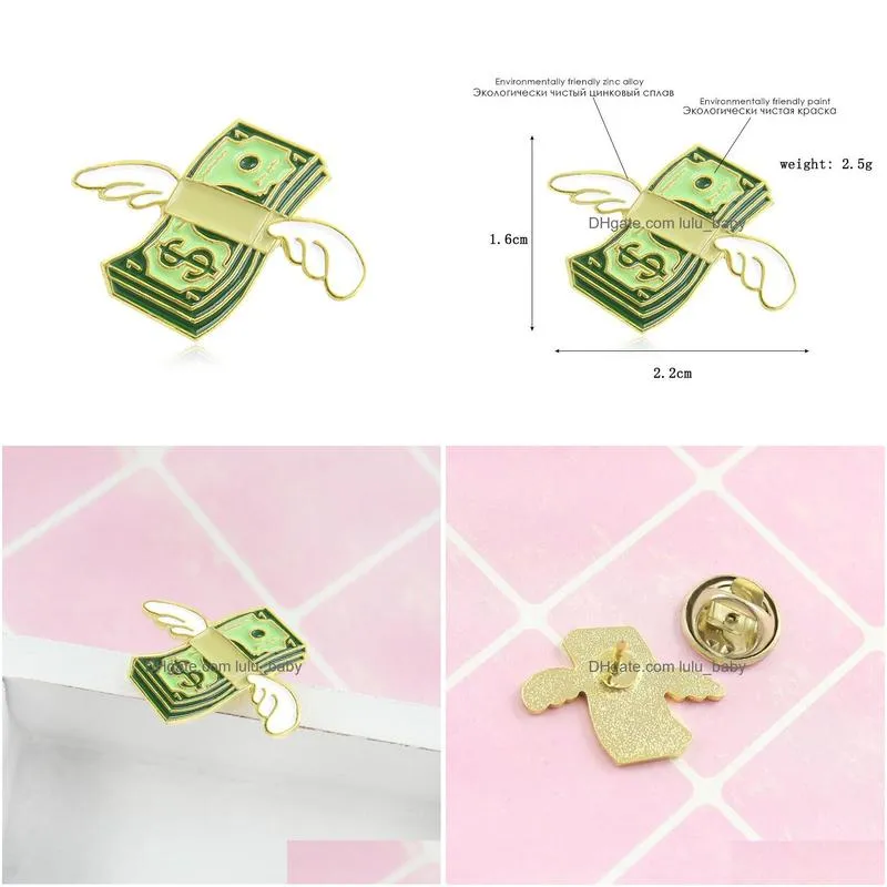 funny dollar with wings brooch creative cartoon flying dollars enamel pin for boys gold plated metal badges jewelry small fashion clothes bag hat