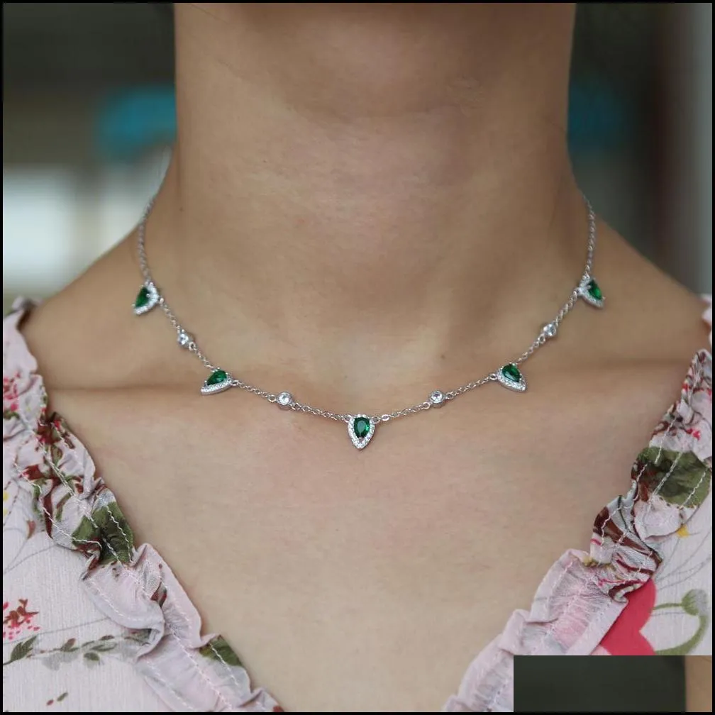 choker silver plated necklace fashion jewelry water drop charm green emerald clear cz stone paved gorgeous women