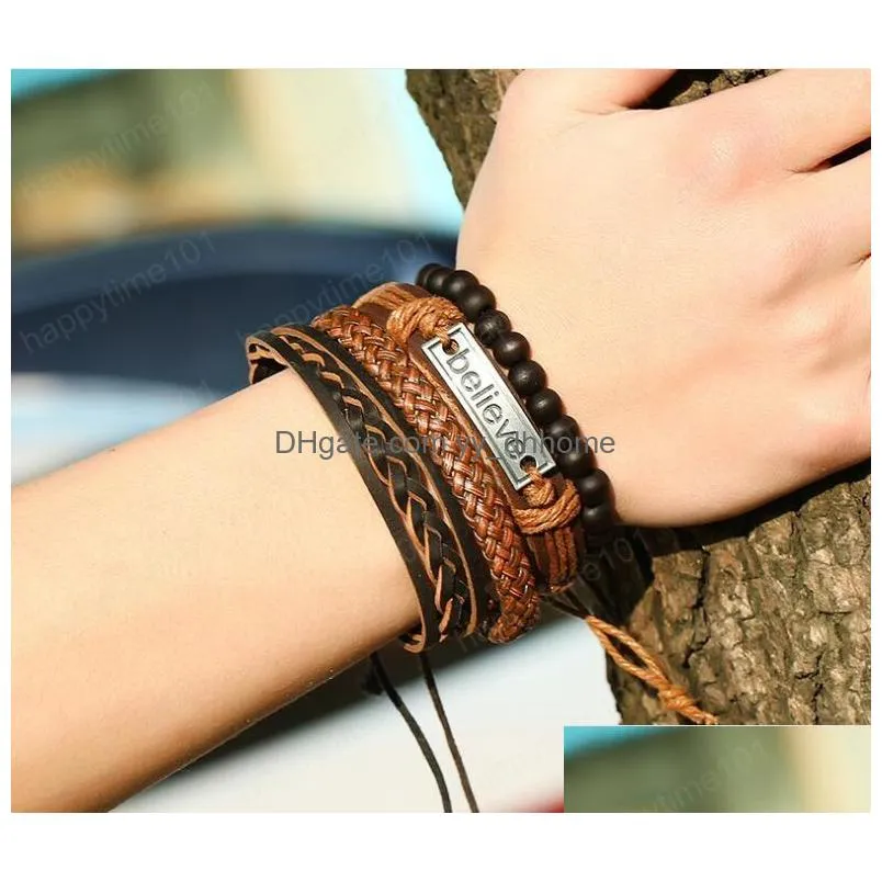 mens bracelet 100 genuine leather bracelet believe beading hemp rope simple and easy adjustable bracelet 4 styles 1 set