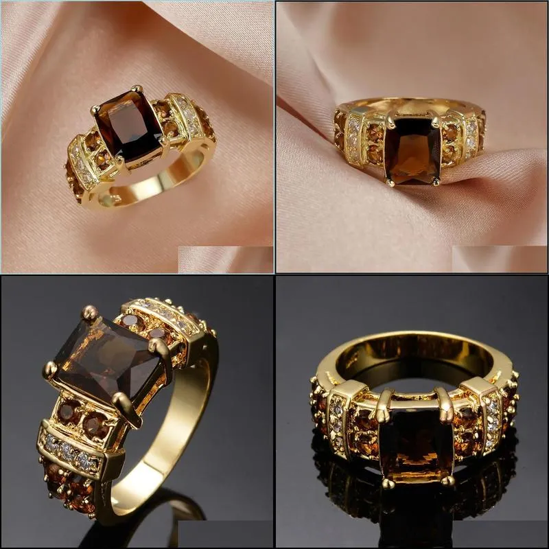 wedding rings big square coffee zircon brown stone for women men jewelry vintage fashion yellow gold crystal ring valentine