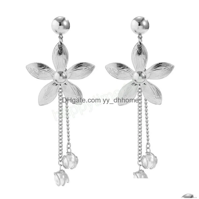 retro simple flower tassel faux pearl dangle earrings womens french gold metal versatile earring girls fashion jewelry