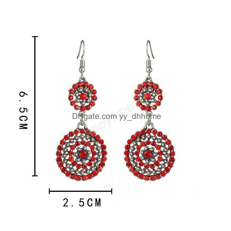 ethnic bridal wedding earrings bohemian red rhinestone hollow round dangle earrings for women gypsy indian jewelry