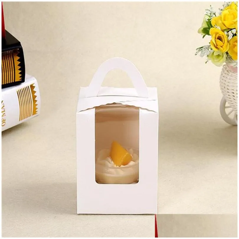 single cupcake boxes with clear window handle portable macaron box mousse cake snack boxes paper package box birthday party supply 103