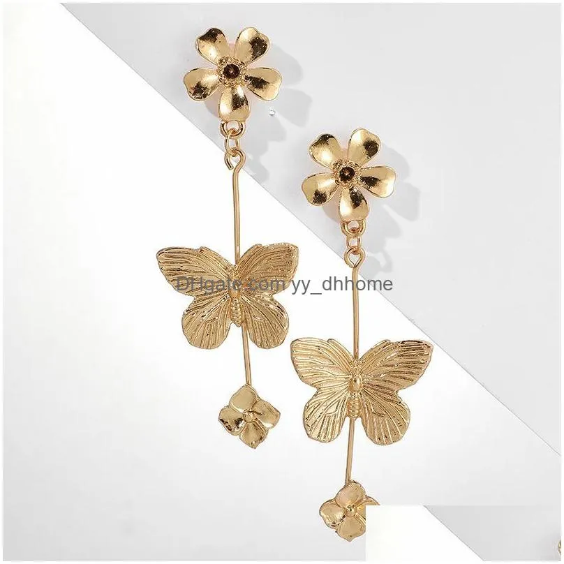 vintage womens earrings gold plated big small flower butterfly charm dangle earrings