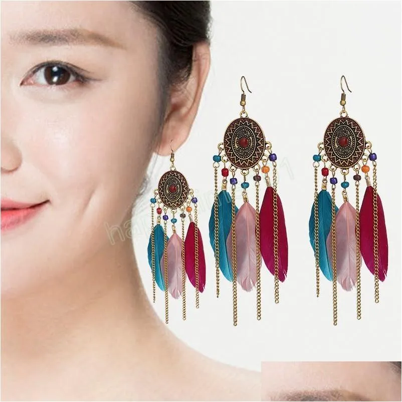 womens ethnic boho long feather earrings bijoux summer vintage gold alloy chain tassel dangle earrings