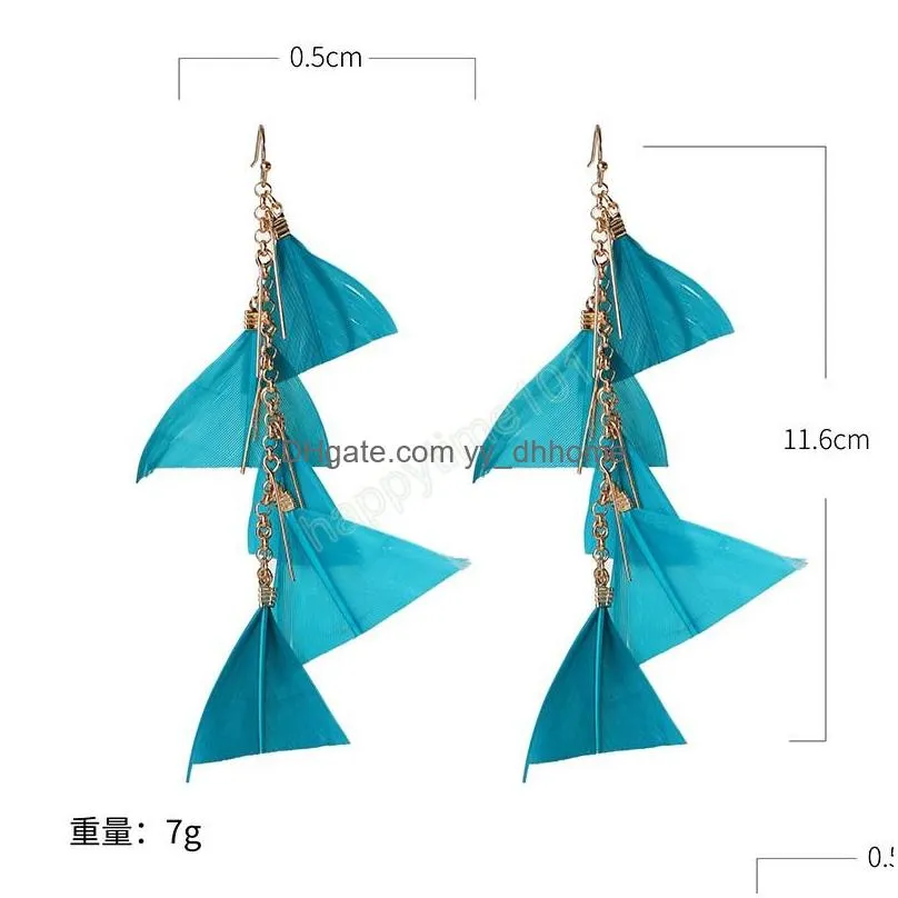 colorful multilayer feather dangle earrings for women bohemian holiday summer tassel earrings long beach boho jewelry