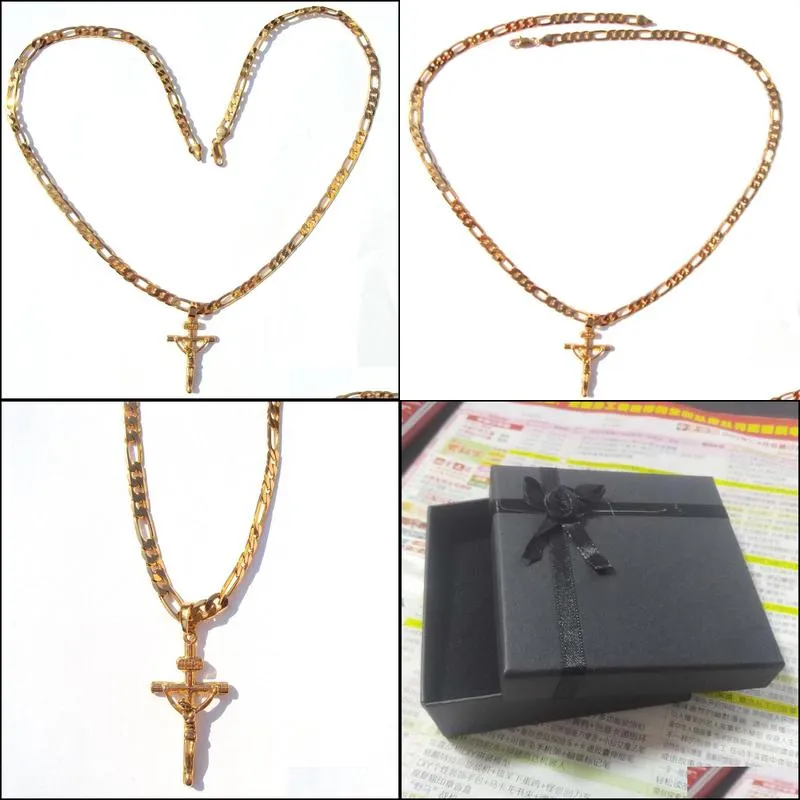 18k solid gold 4mm italian figaro link chain necklace womens mens jesus crucifix cross pendant