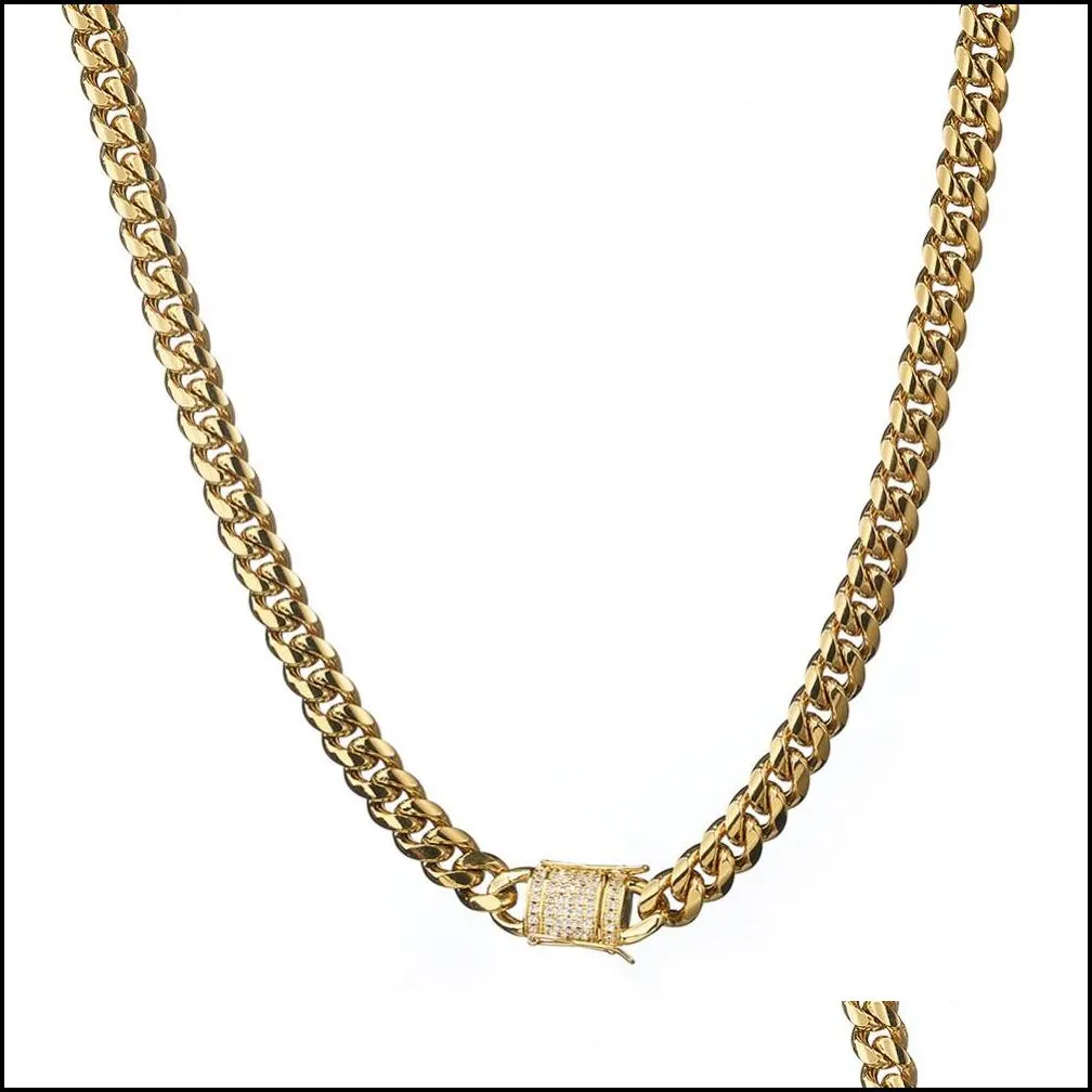 618mm wide gold stainless steel cuban  chain necklaces cz zircon box lock big heavy jewelry