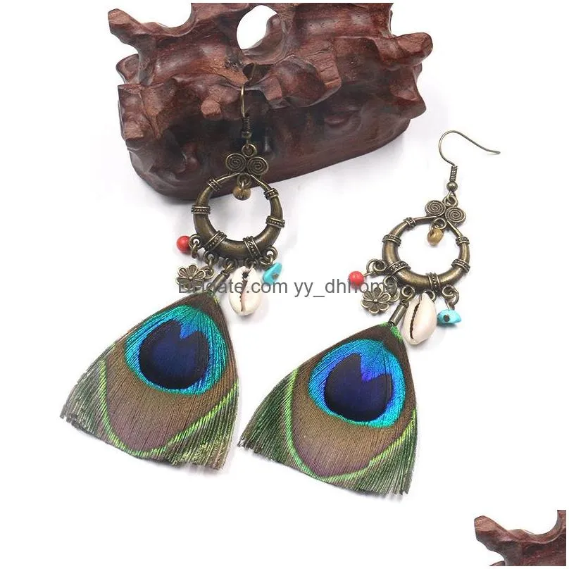 fashion ethnic earrings creative peacock feather earrings shell accessories bohemian jewelry wholesale