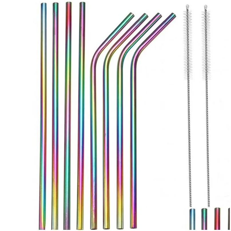 rainbow stainless steel drinking straw suit dazzle color 215x6mm tubularis set with cleaning brush suction tubes kit bar accessories 13jm