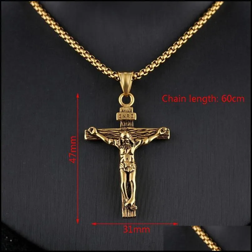 chains crucifix jesus christ men jewelry gold brown silver color stainless steel cross pendant with neck chain necklaces for man women