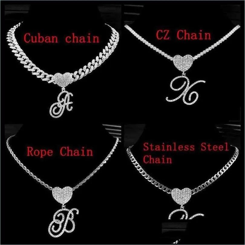 az cursive letter heart pendant iced out cuban necklace for women initial zircon link chain choker hip hop jewelry