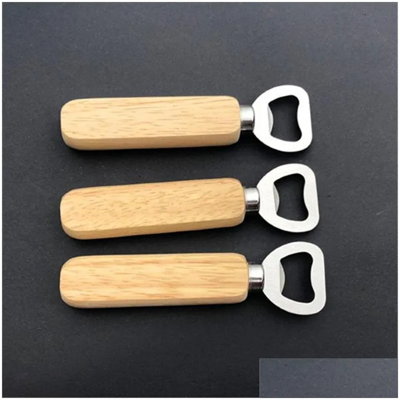 wooden handle beer bottle opener non slip solid wood stainless steel durable kitchen supplies bottles openers retro style 1 45lx
