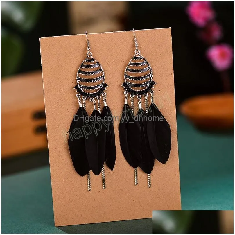 summer ethnic blue feather dangle earrings for women bohemian boho long chain earrings wedding bride jewelry oorbellen hangers