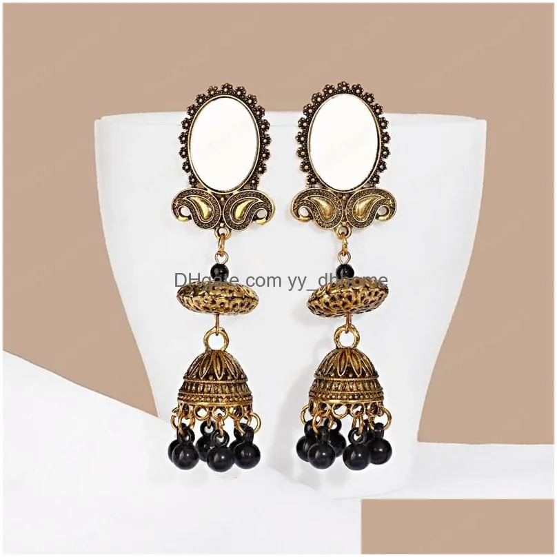 womens vintage flower long gold alloy dangle earrings ethnic mirror jhumki earring