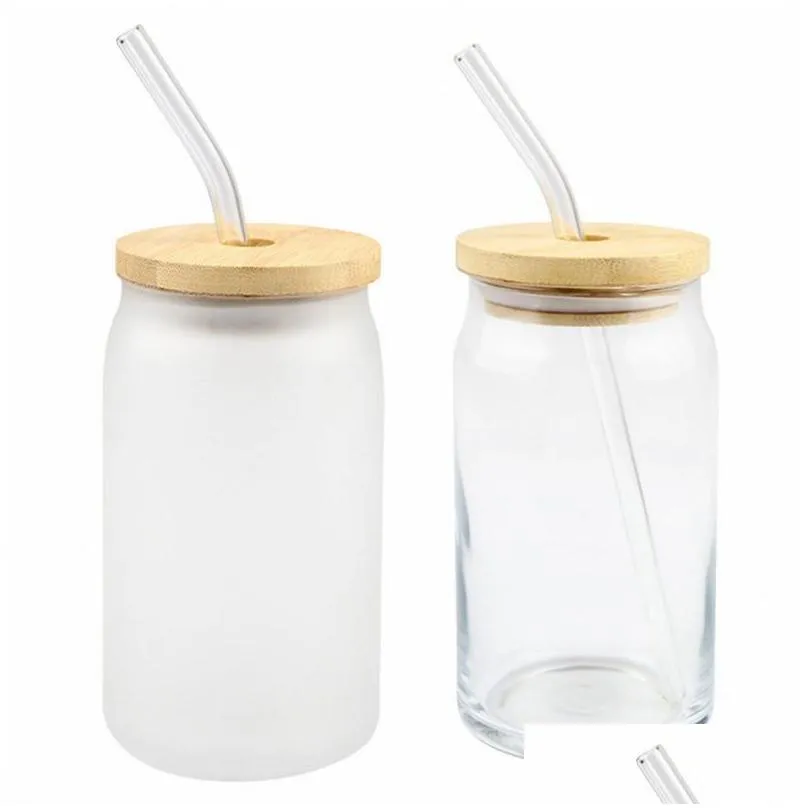 12oz 16oz sublimation glass beer mugs blanks frosted clear cola can mason jar with bamboo lid and straw 622 d3