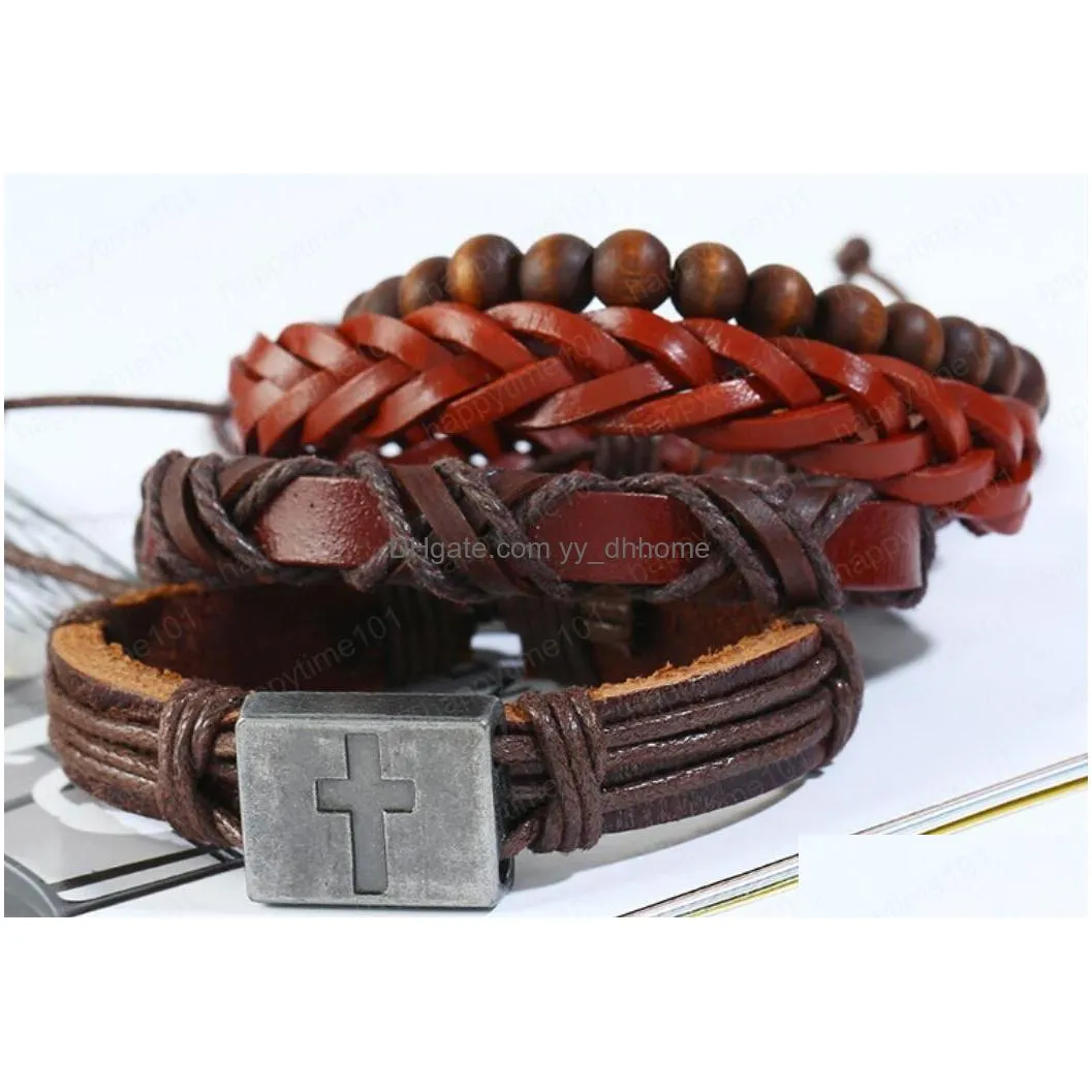 mans cowhide leather bracelet diy hand woven beading multilayer alloy cross combination suit bracelet size adjusted 4styles/1set