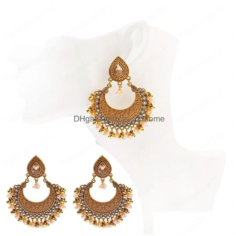 ethnic retro green sector carved jhumka dangle earrings for women indian jewelry pearl tassel earring