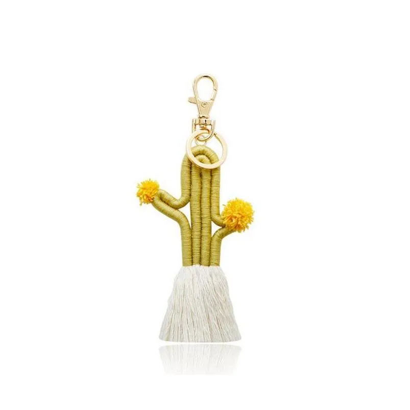 hand woven cactus keychain bohemian floral tassel bag pendant women key rings for lanyard keys accessories wholesale