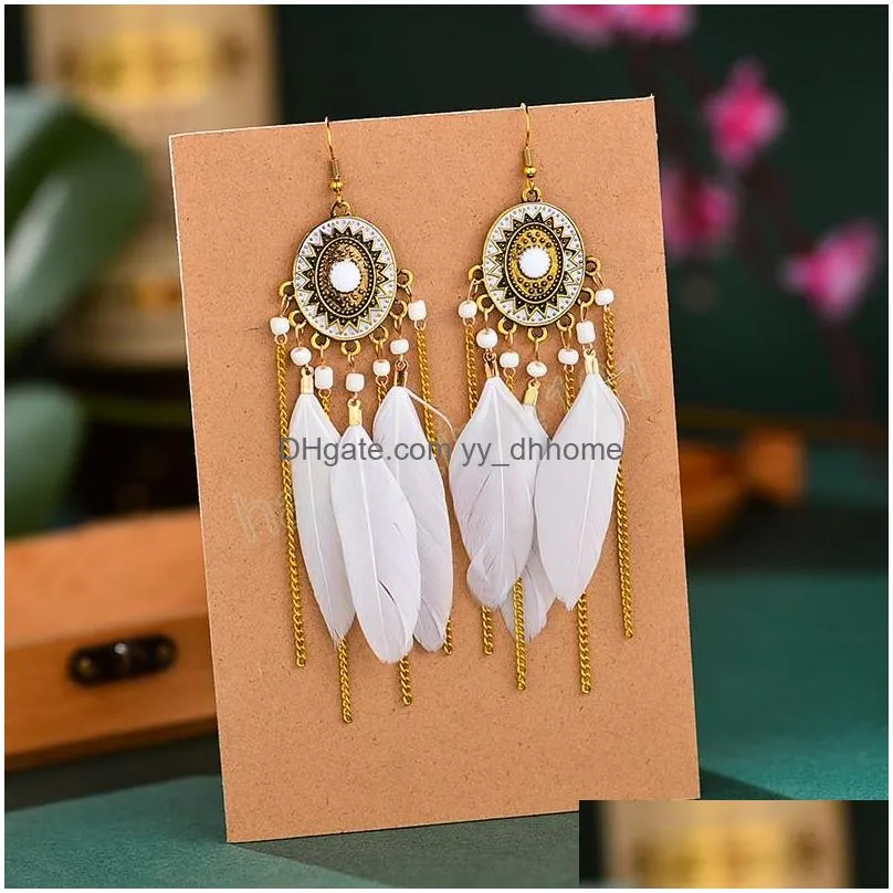 womens ethnic boho long feather earrings bijoux summer vintage gold alloy chain tassel dangle earrings