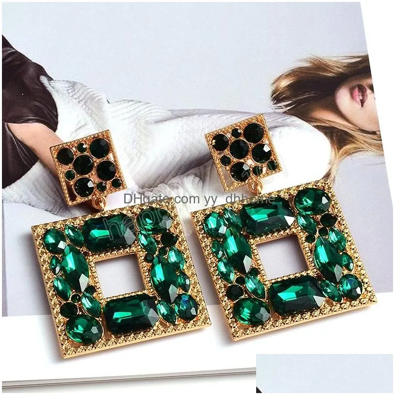 square metal colorful crystal dangle earrings fashion glass pendant earring jewelry accessories for women
