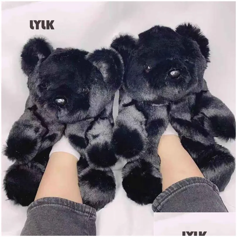 slippers cotton shoes furry slides winter women plush teddy bear home flat cartoon soft fluffy cute warm ladies indoor floor