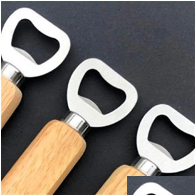 wooden handle beer bottle opener non slip solid wood stainless steel durable kitchen supplies bottles openers retro style 1 45lx