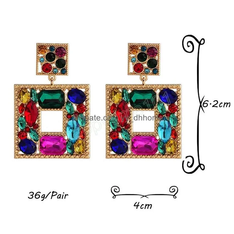 square metal colorful crystal dangle earrings fashion glass pendant earring jewelry accessories for women