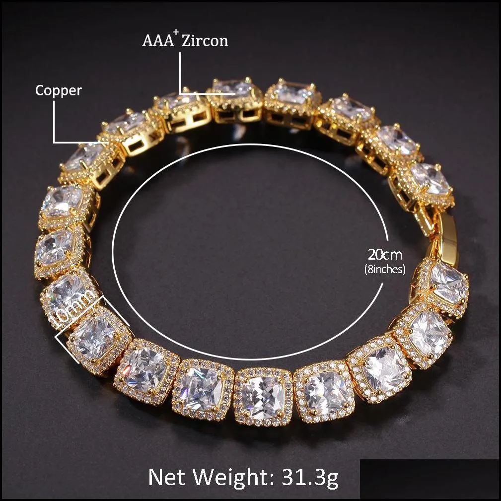 hip hop cube square stones chain bracelet for men women gold silver color micro pave cubic zircon 10mm
