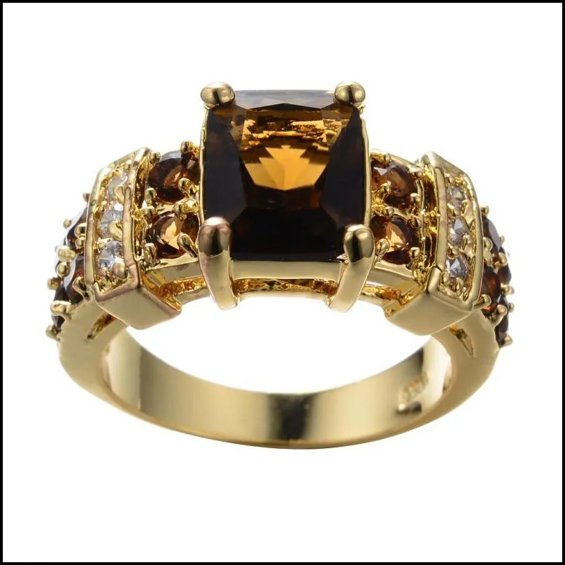 wedding rings big square coffee zircon brown stone for women men jewelry vintage fashion yellow gold crystal ring valentine