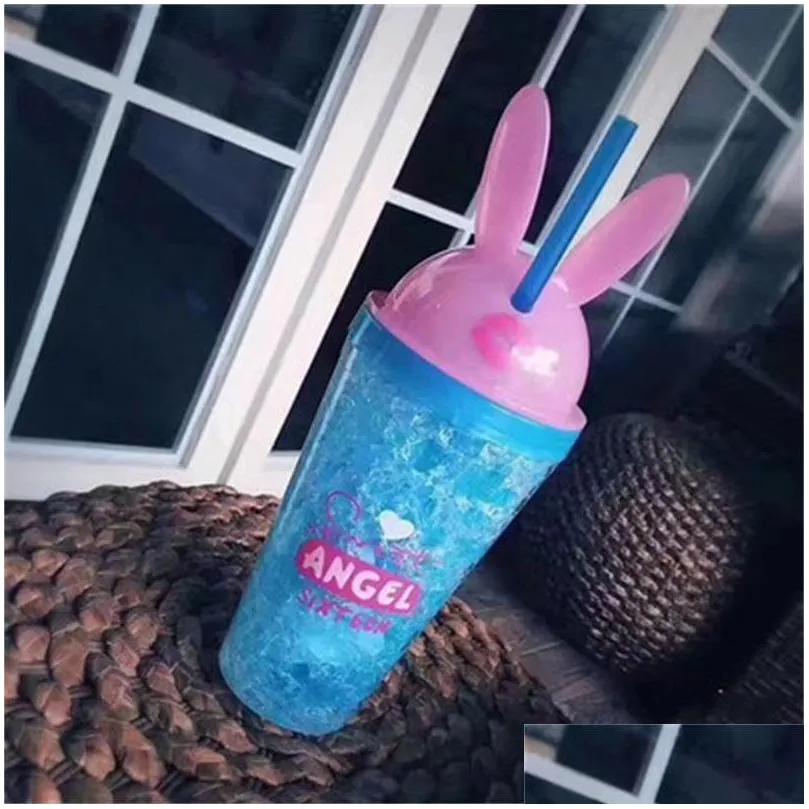 great rabbit ear cup mugs crushed ice cooling double cute straw cups lid portable boys and girls drinkware 26 k2