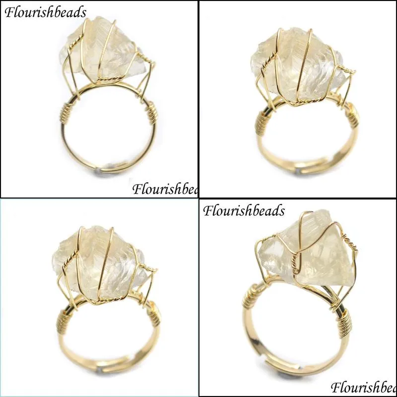 wire winding ring natural druzy raw irregularl citrine gemstone open rings party jewelry gift 1pcs