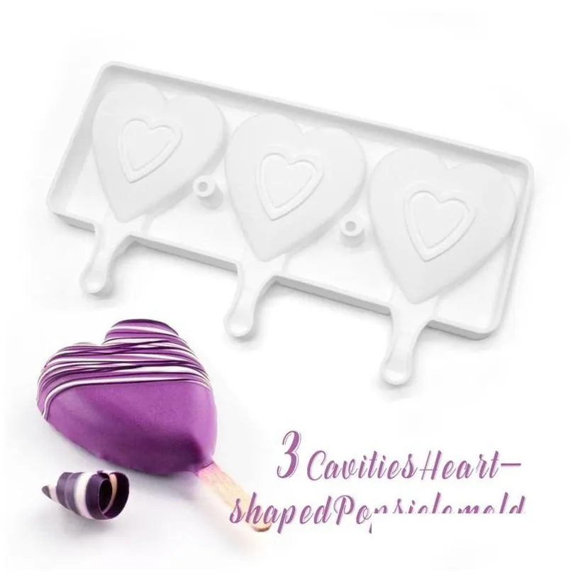 food safe silicone ice cream mold 3 cell heart shape frozen juice popsicle maker dessert molds tubs valentine 869 b3